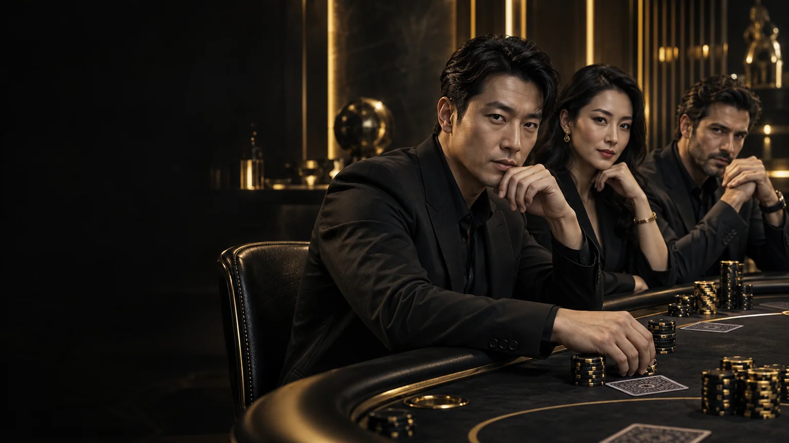原创品牌人物演绎：黑金牌桌旁专注入席的成年扑克爱好者